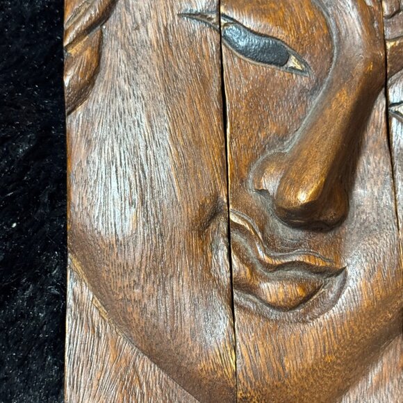 Vintage Hand-Carved Wood Transending Wisdom Buddha Face Wall Art 3-Piece Panel - Picture 4 of 7